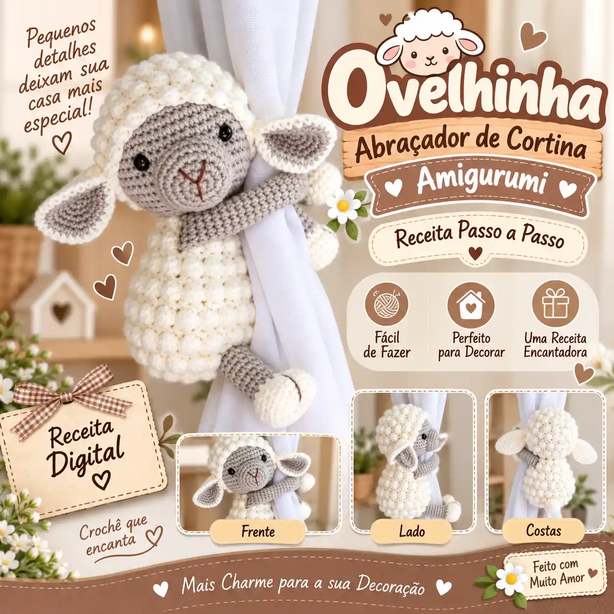 🐑 Ovelhinha Abraçador de Cortina em Amigurumi – Receita Passo a Passo