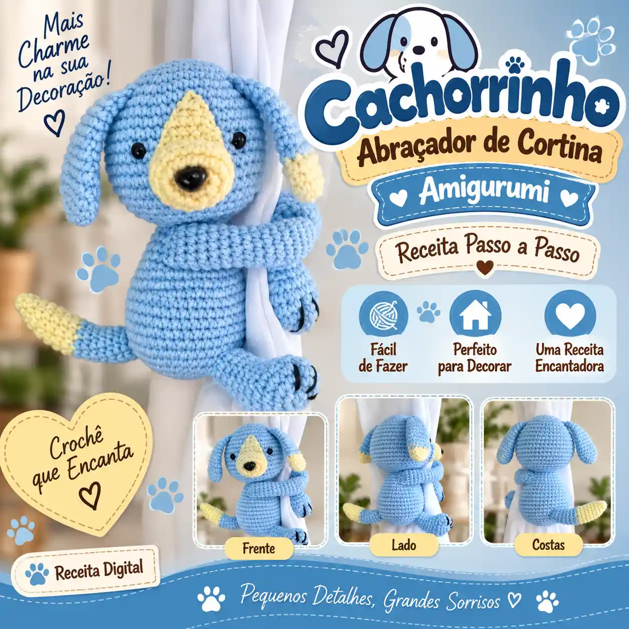 🐶 Cachorrinho Abraçador de Cortina em Amigurumi – Receita Passo a Passo