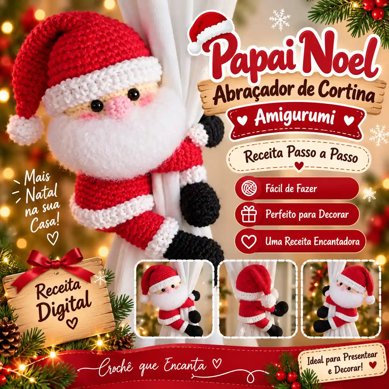 🎅 Papai Noel Abraçador de Cortina em Amigurumi – Receita Passo a Passo