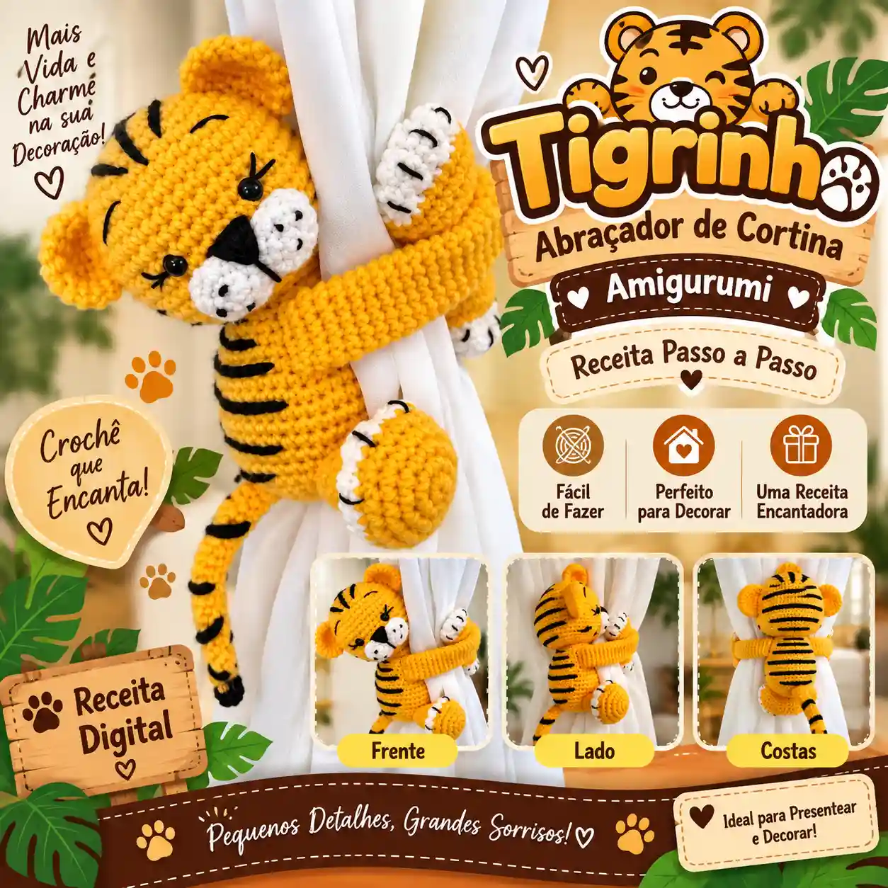 🐯 Tigrinho Abraçador de Cortina em Amigurumi – Receita Passo a Passo