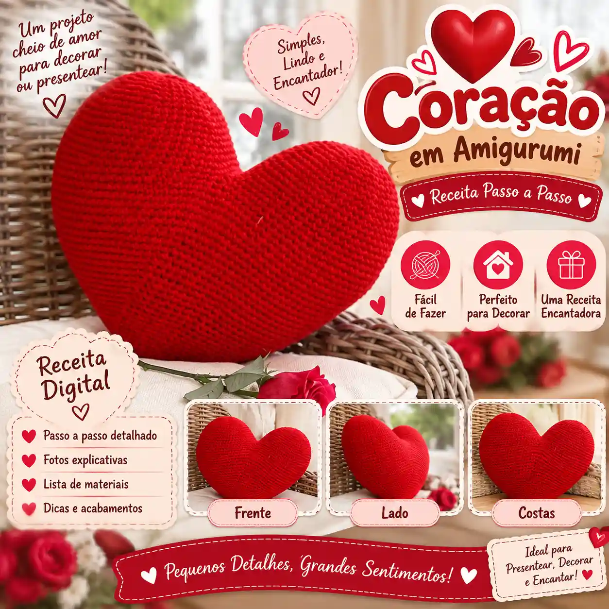 ❤️ Almofada Coração em Amigurumi – Receita Passo a Passo