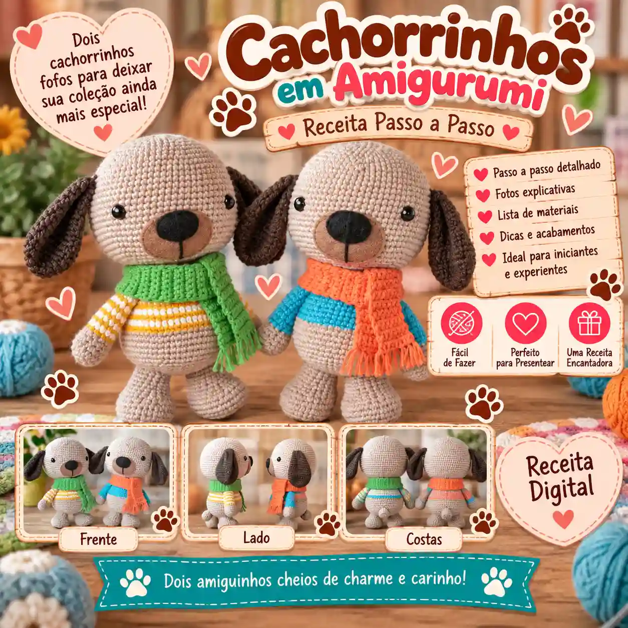 🐶🐶 Dupla de Cachorrinhos em Amigurumi – Receita Passo a Passo