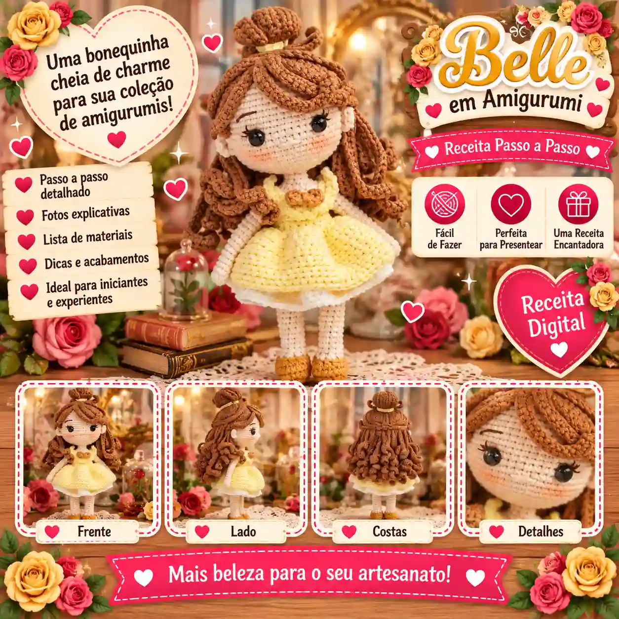 🌹💛 Boneca Belle em Amigurumi – Receita Passo a Passo
