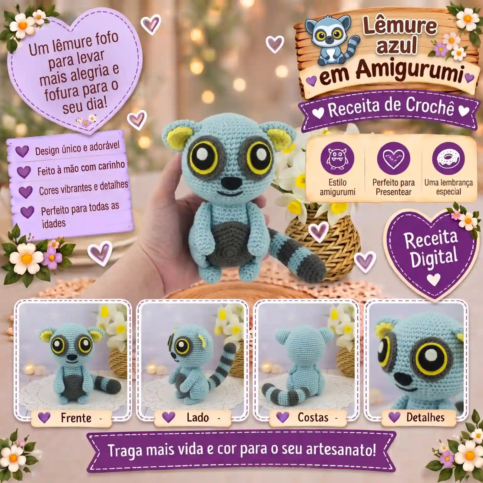 💙🐒 Lêmure Azul em Amigurumi – Receita Passo a Passo