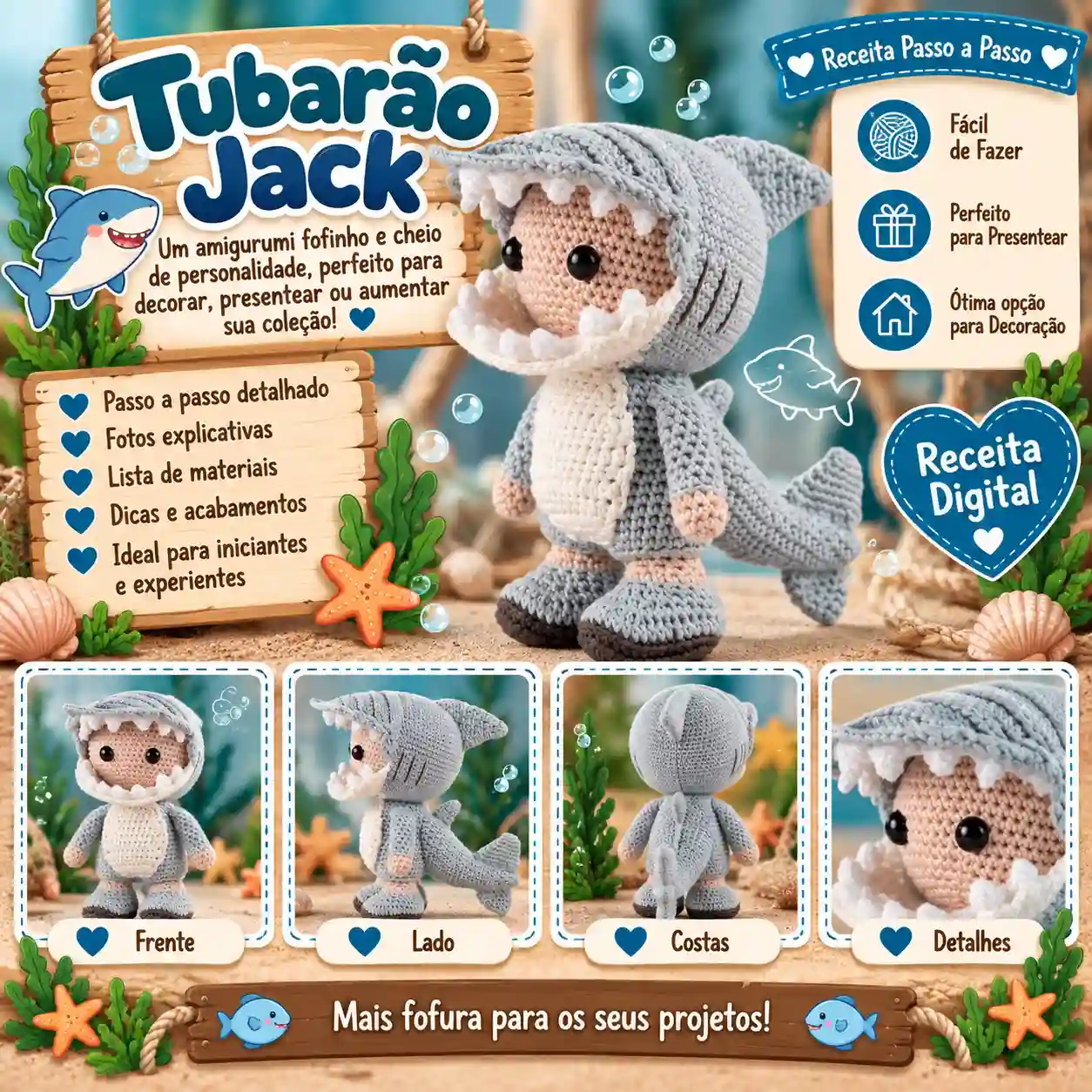 🦈🧶 Tubarão Jack em Amigurumi – Receita Passo a Passo