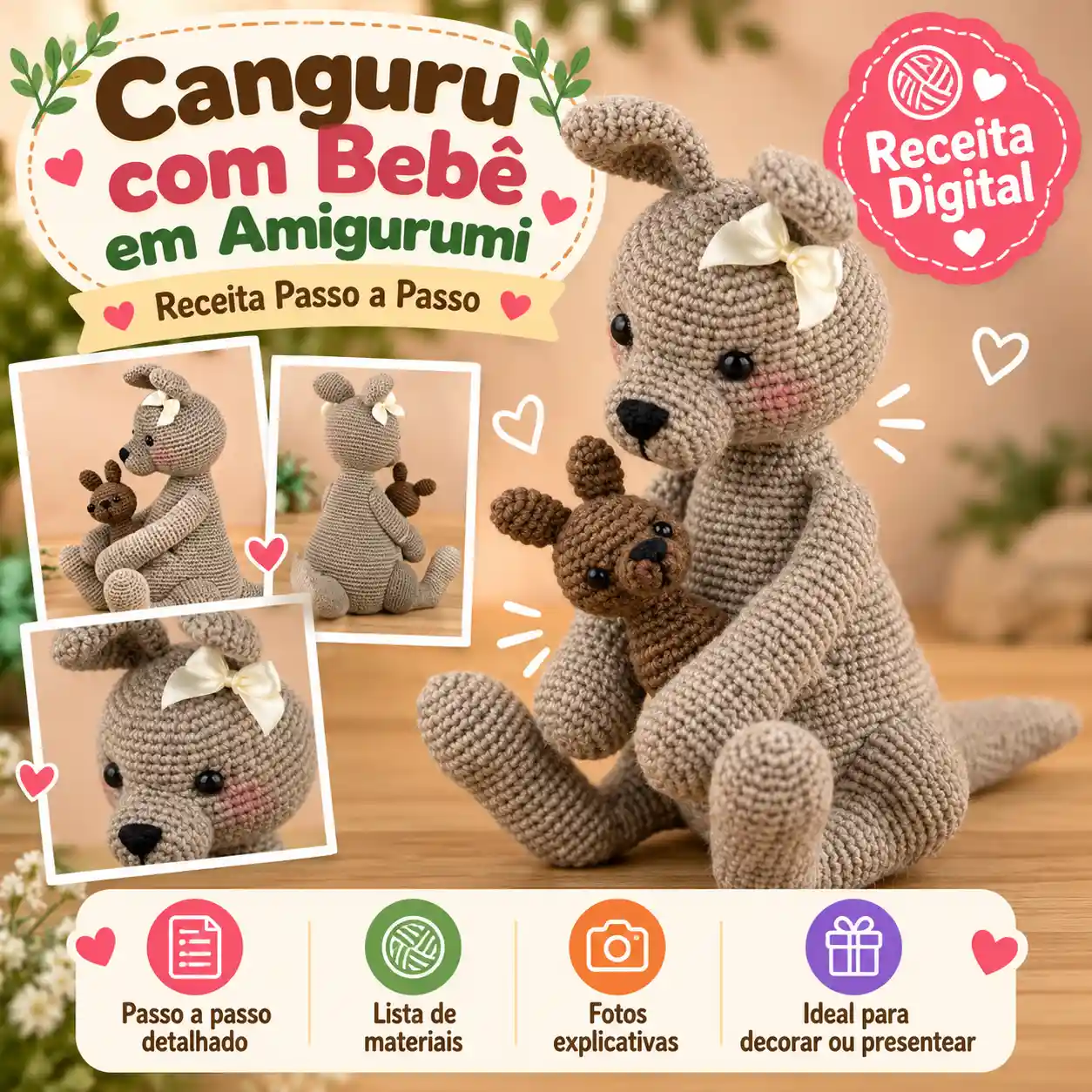 🦘💕 Canguru com Bebê em Amigurumi – Receita Passo a Passo