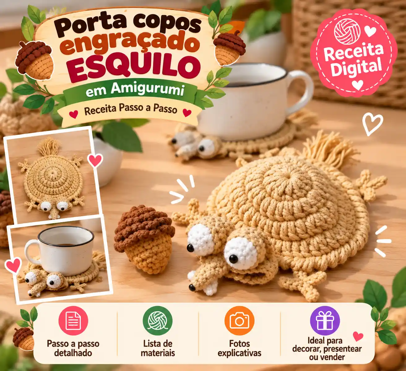 🐿️🧶 Porta-Copos Engraçado Esquilo em Amigurumi – Receita Passo a Passo