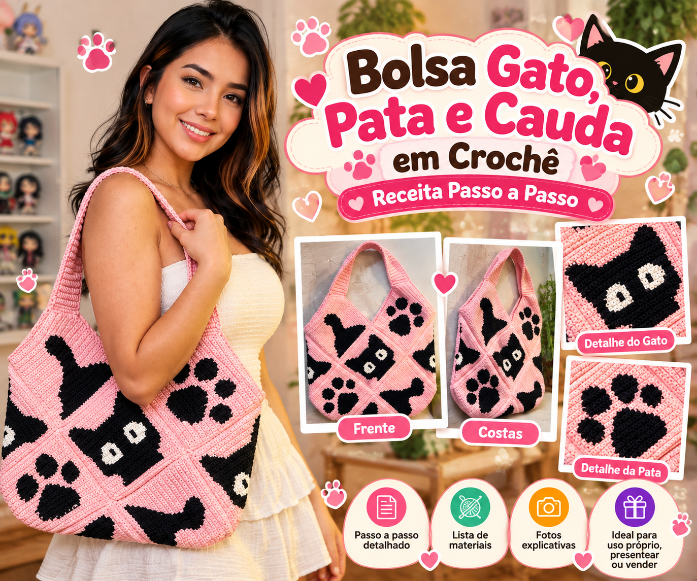 🐱👜 Bolsa Gato, Pata e Cauda em Crochê – Receita Passo a Passo