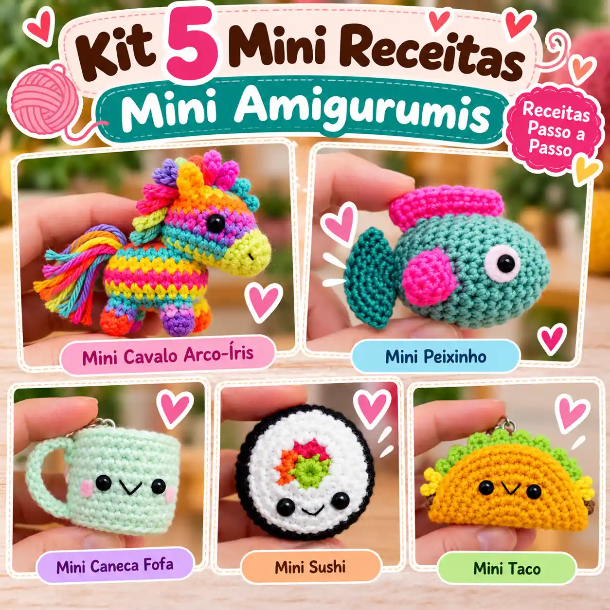 🧶💕 Kit 5 Mini Amigurumis – Receitas Passo a Passo