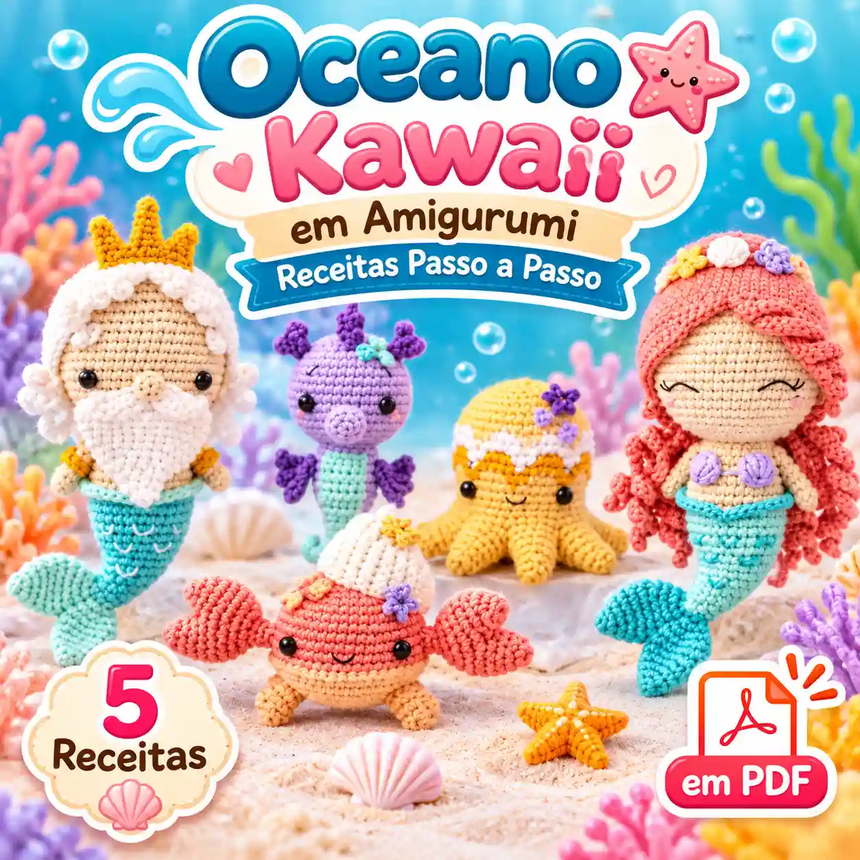 🐠🧶 Kit Oceano Kawaii – 5 Receitas de Amigurumi Passo a Passo em PDF