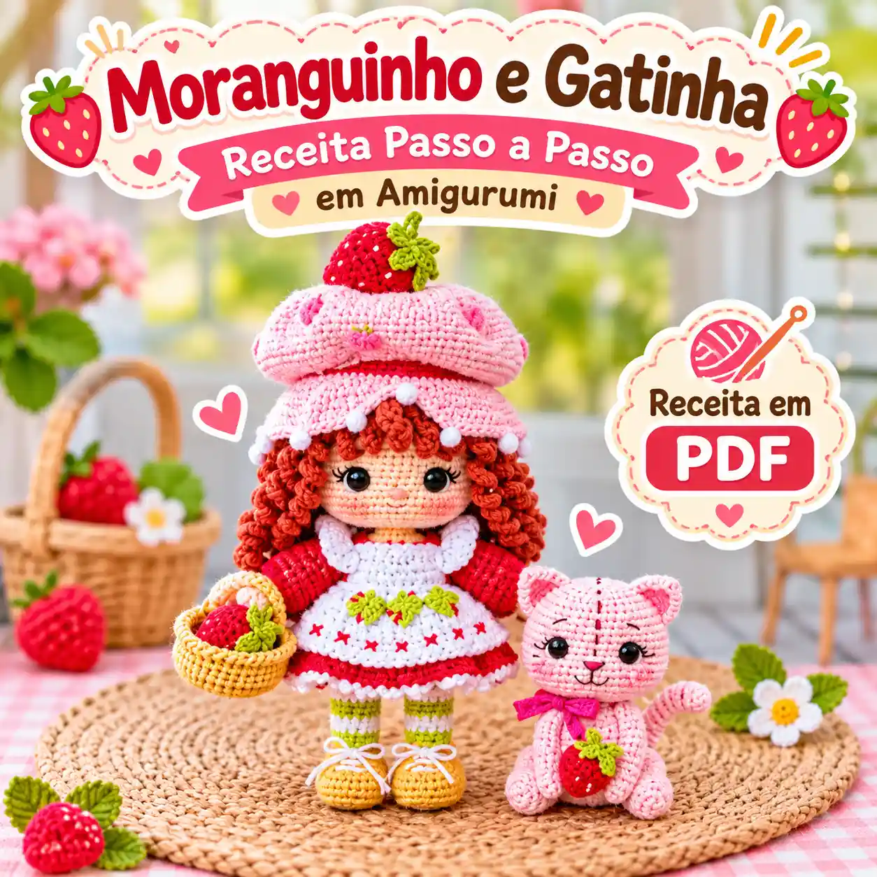🍓🧶 Moranguinho e Gatinha em Amigurumi – Receita Passo a Passo em PDF