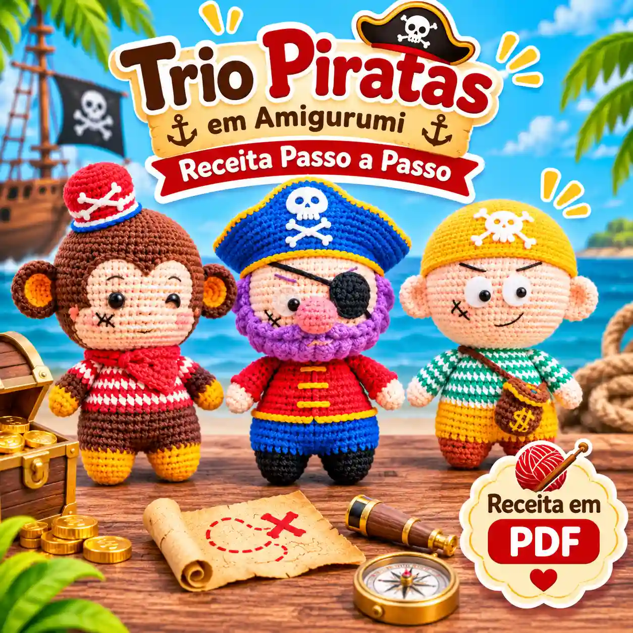 🏴☠️🧶 Trio de Piratas em Amigurumi – Receita Passo a Passo em PDF