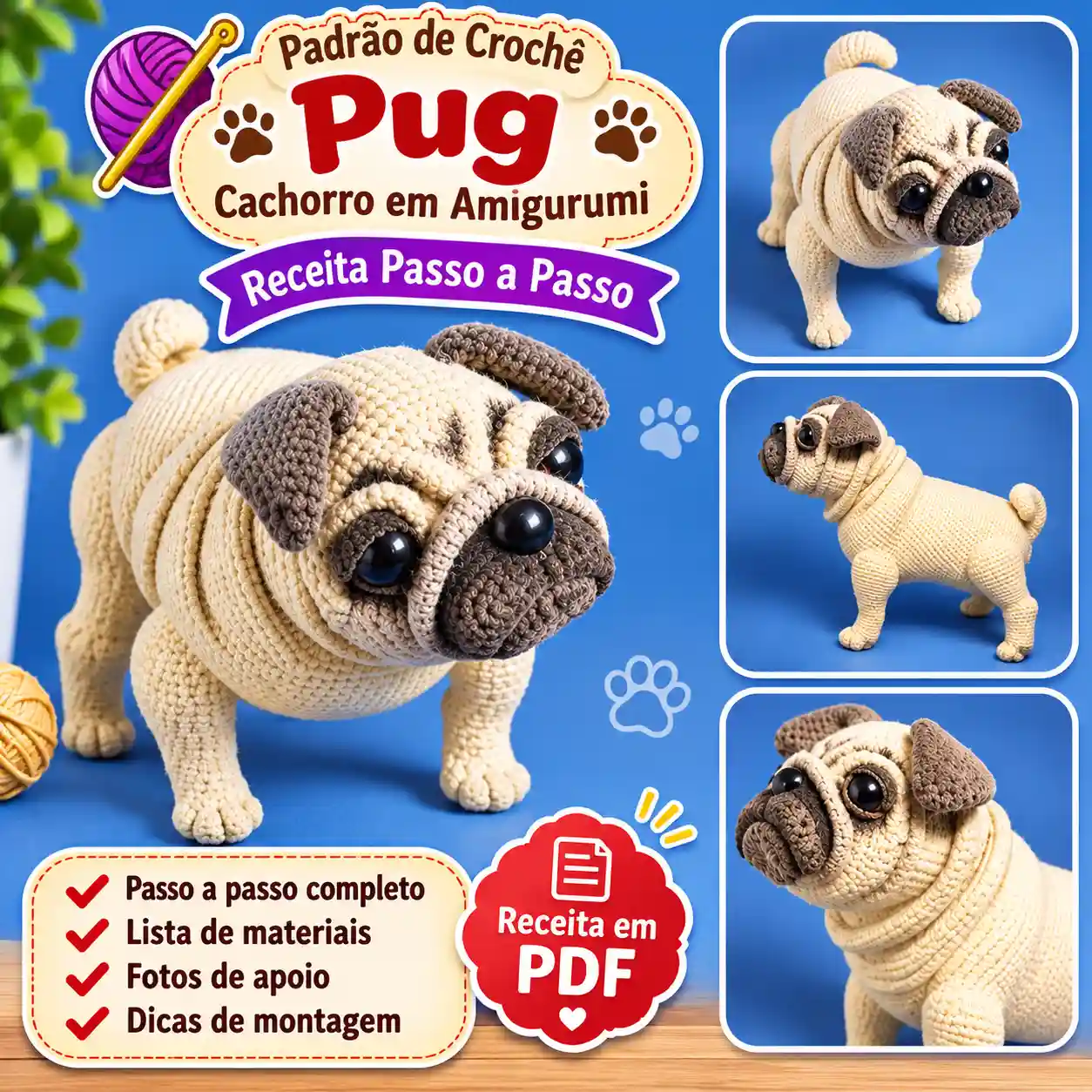 🐶🧶 Cachorrinho Pug em Amigurumi – Receita Passo a Passo em PDF