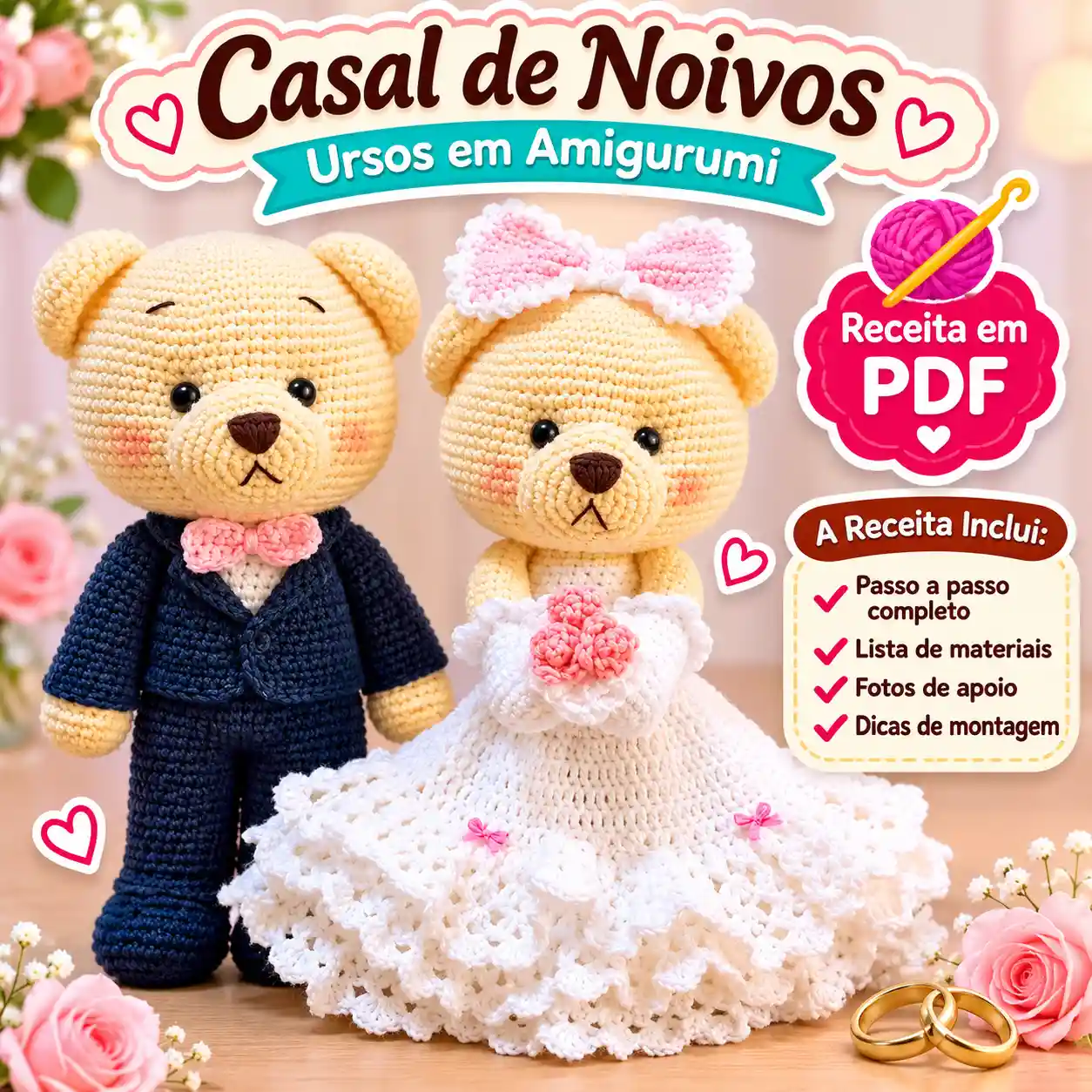 🐻💍 Casal de Noivos Ursinhos em Amigurumi – Receita Passo a Passo em PDF