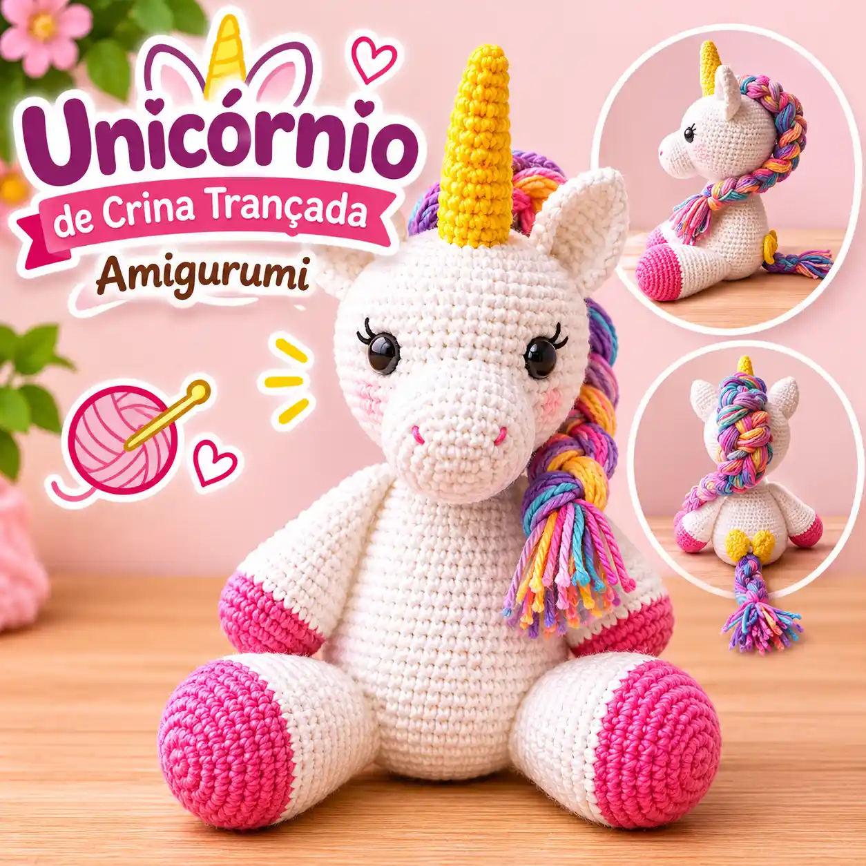 🦄🌈 Unicórnio de Crina Trançada em Amigurumi – Receita Passo a Passo em PDF