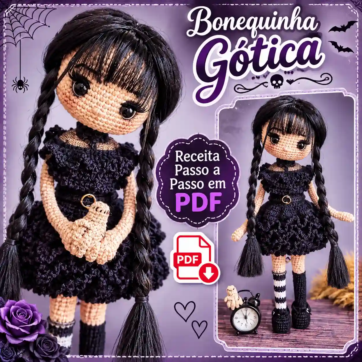 🖤🕷️ Bonequinha Gótica em Amigurumi – Receita Passo a Passo em PDF