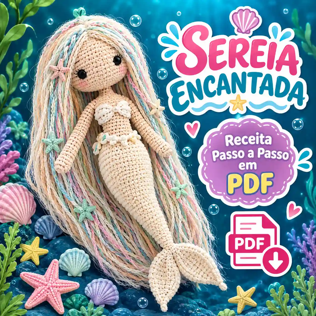 🧜‍♀️🌊 Sereia Encantada em Amigurumi – Receita Passo a Passo em PDF